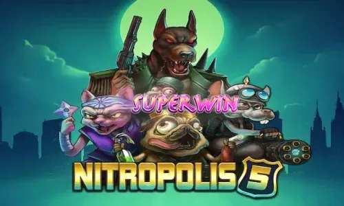 Tampilan visual intens dari slot Nitropolis 5 dengan latar belakang kota yang terbakar dan simbol-simbol klan hewan.